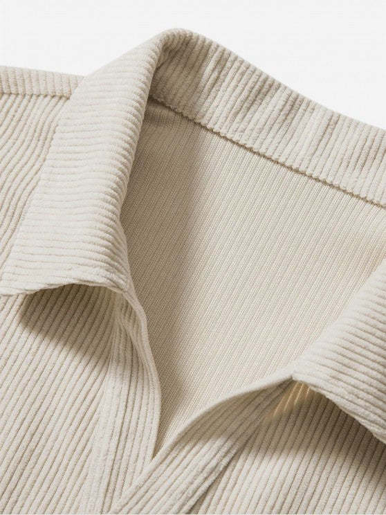 Solid Color Plain Shirt And Drawstring Corduroy Shorts Set