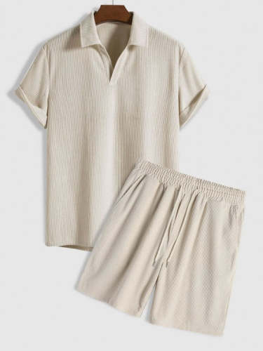 Solid Color Plain Shirt And Drawstring Corduroy Shorts Set
