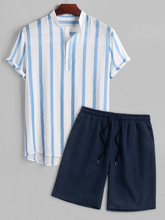 Vertical Striped Collar Shirt And Solid Color Casual Shorts Set