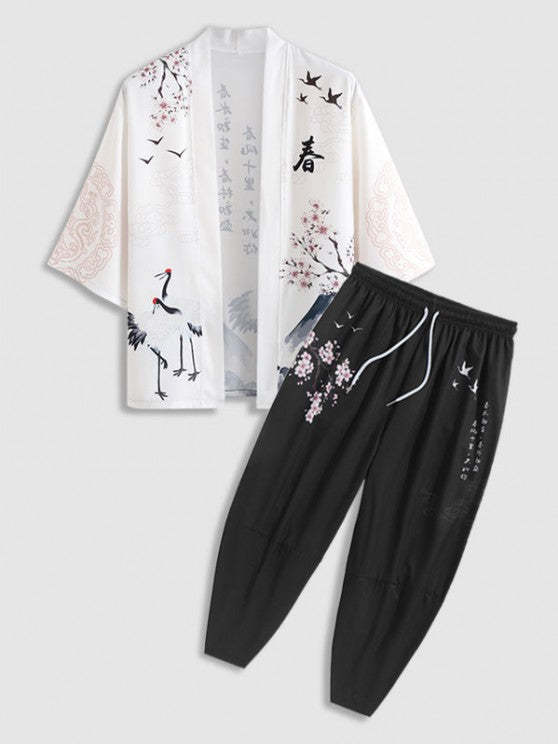 Open Kimono With Crane Pattern Capri Pants Set