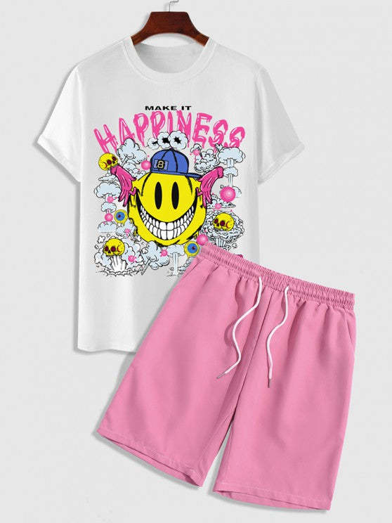 Cartoon Happiness Smiley T Shirt And Casual Short Set