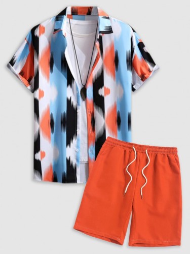 Abstract Print Casual Short Sleeves Shirt And Basic Shorts Set