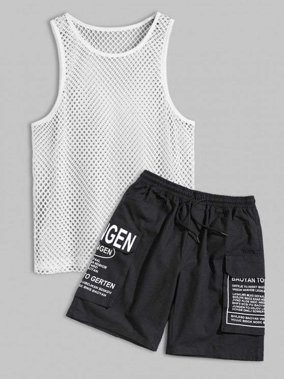 Openwork Sleeveless Top And Cargo Shorts Set