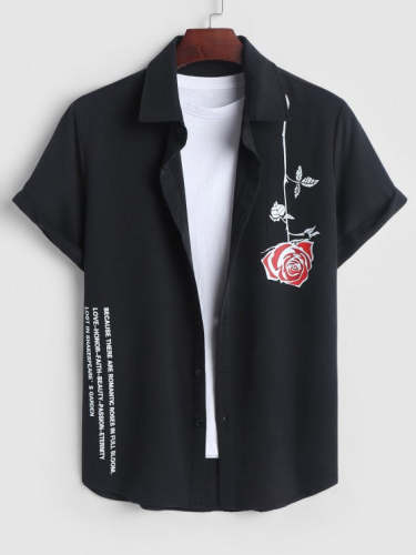Rose Pattern Shirt And Drawstring Casual Shorts Set