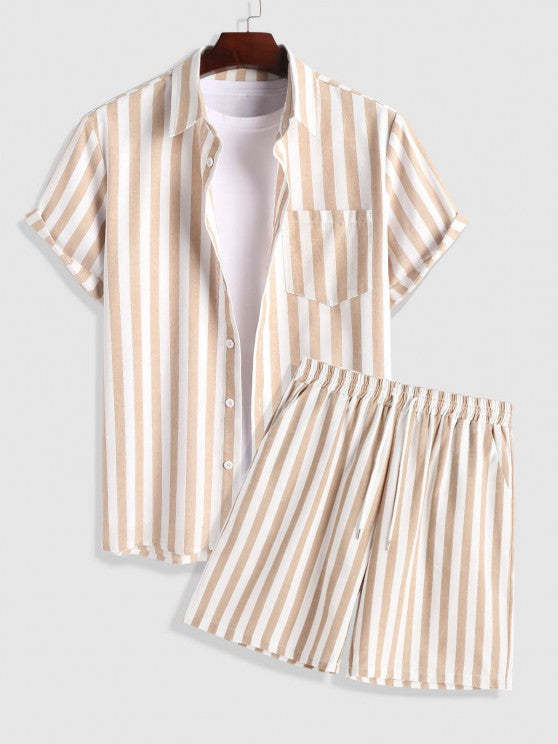 Vertical Stripes Short Sleeves Shirt With Drawstring Shorts Set