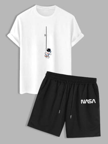 Astronaut Print Short Sleeves T Shirt And Letter Printed Shorts Set
