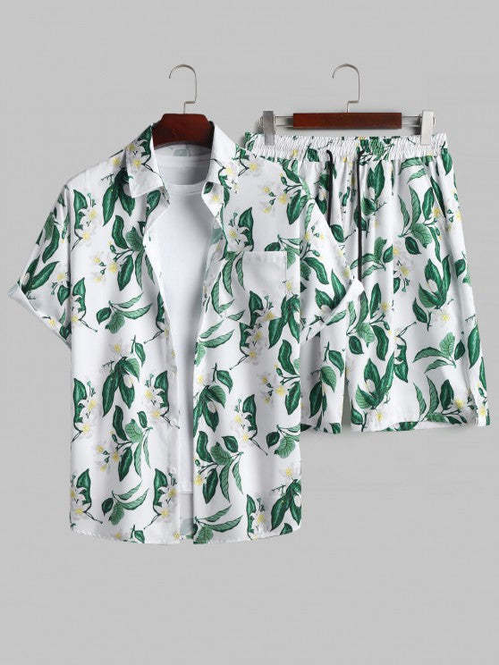 Floral Print Short Sleeves Front Pocket Design Shirt And Shorts Set