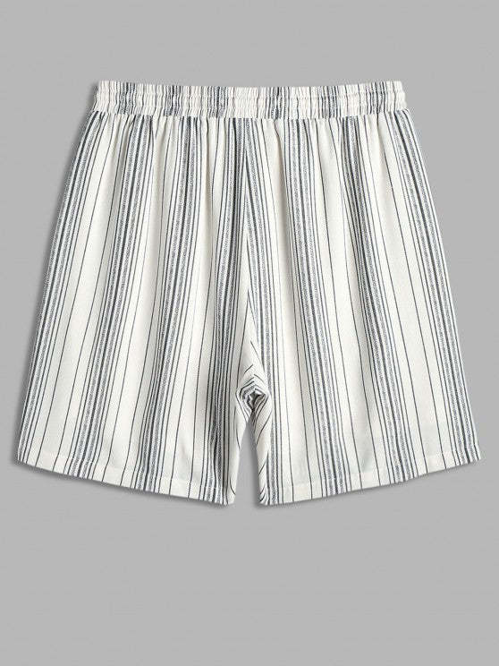 Striped Pattern Short Sleeves Shirt And Drawstring Lined Shorts Set