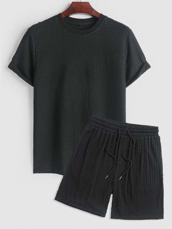 Jacquard Textured Solid Color Short Sleeves T Shirt With Shorts Set
