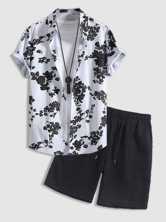 Floral Button Up Short Sleeves Shirt With Basic Casual Shorts Set