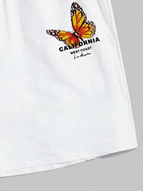 Butterfly Pattern Short Sleeves T-Shirt And Letter Print Shorts Set
