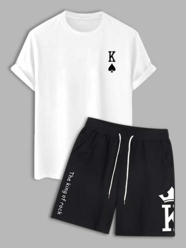 Casual Printed Short Sleeves T Shirt And Drawstring Shorts Set