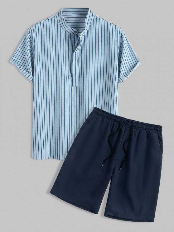Vertical Striped Short Sleeves Shirt With Solid Color Shorts Set