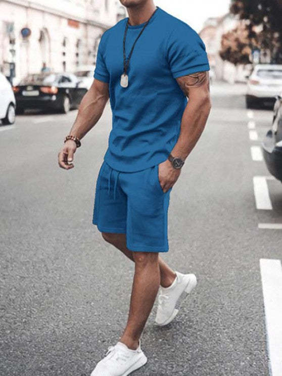 Solid Colored Short Sleeves T-Shirt And Casual Shorts Set