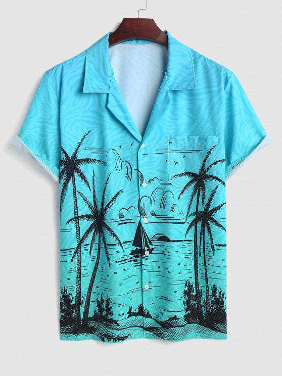Collared Landscape Printed Short Sleeves Shirt And Casual Shorts Set