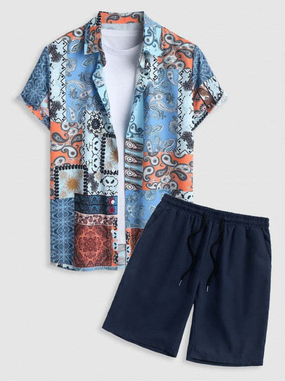 Flower Print Short Sleeves Shirt With Solid Color Casual Shorts Set