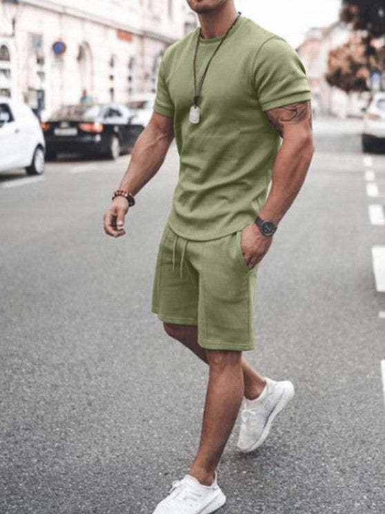 Solid Colored Short Sleeves T-Shirt And Casual Shorts Set