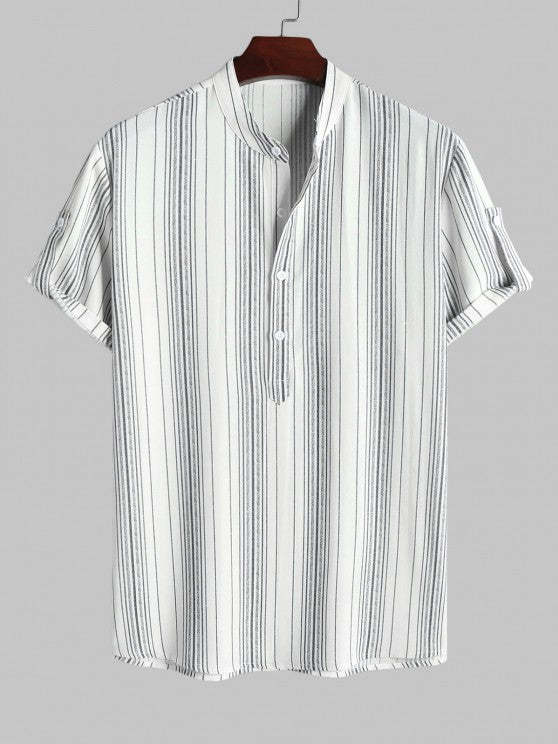 Striped Pattern Short Sleeves Shirt And Drawstring Lined Shorts Set