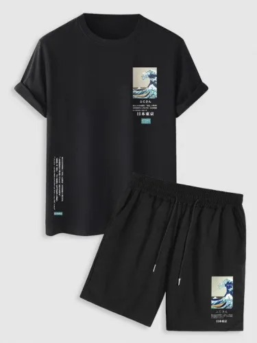 Sea Wave Printed Short Sleeves T Shirt With Drawstring Shorts Set