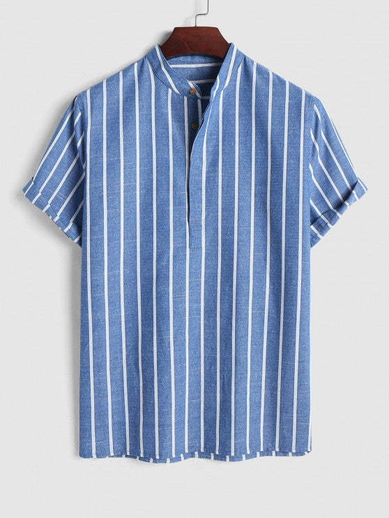 Collar Striped Short Sleeves Popover Shirt With Drawstring Shorts Set