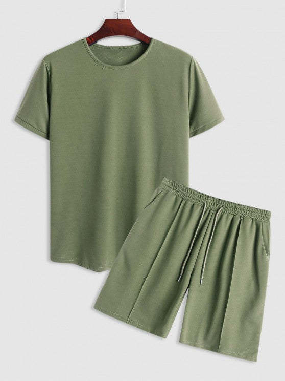 Solid Colored Short Sleeves T-Shirt And Casual Shorts Set