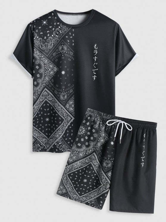 Abstract Print Short Sleeves T Shirt And Adjustable Shorts Set