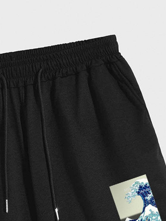 Sea Wave Printed Short Sleeves T Shirt With Drawstring Shorts Set