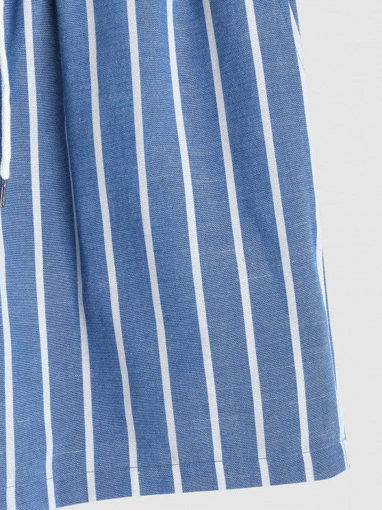 Collar Striped Short Sleeves Popover Shirt With Drawstring Shorts Set