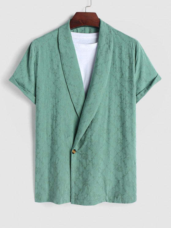Rose Jacquard Pattern Short Sleeves Shirt With Drawstring Shorts Set