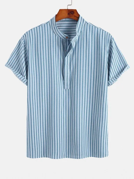 Vertical Striped Short Sleeves Shirt With Solid Color Shorts Set
