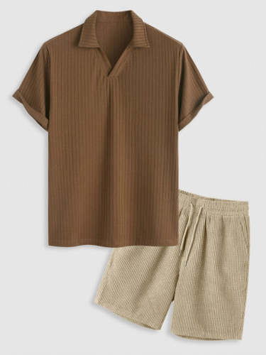 Collared Short Sleeves T-Shirt And Corduroy Shorts Set