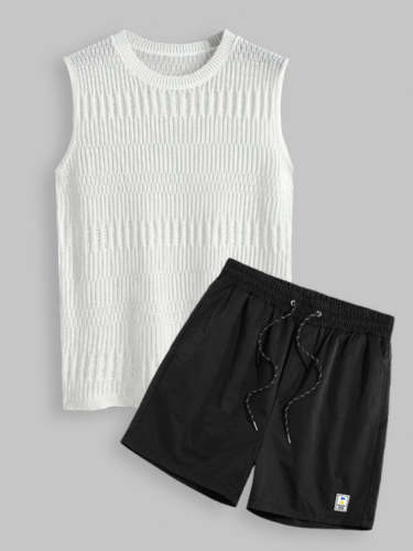 Hollow Out Knitted Sweater Vest And Solid Color Shorts Set