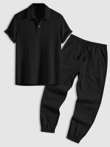 Collared Short Sleeves T Shirt And Solid Color Jogger Pant Set