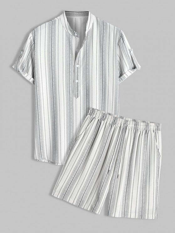 Striped Pattern Short Sleeves Shirt And Drawstring Lined Shorts Set