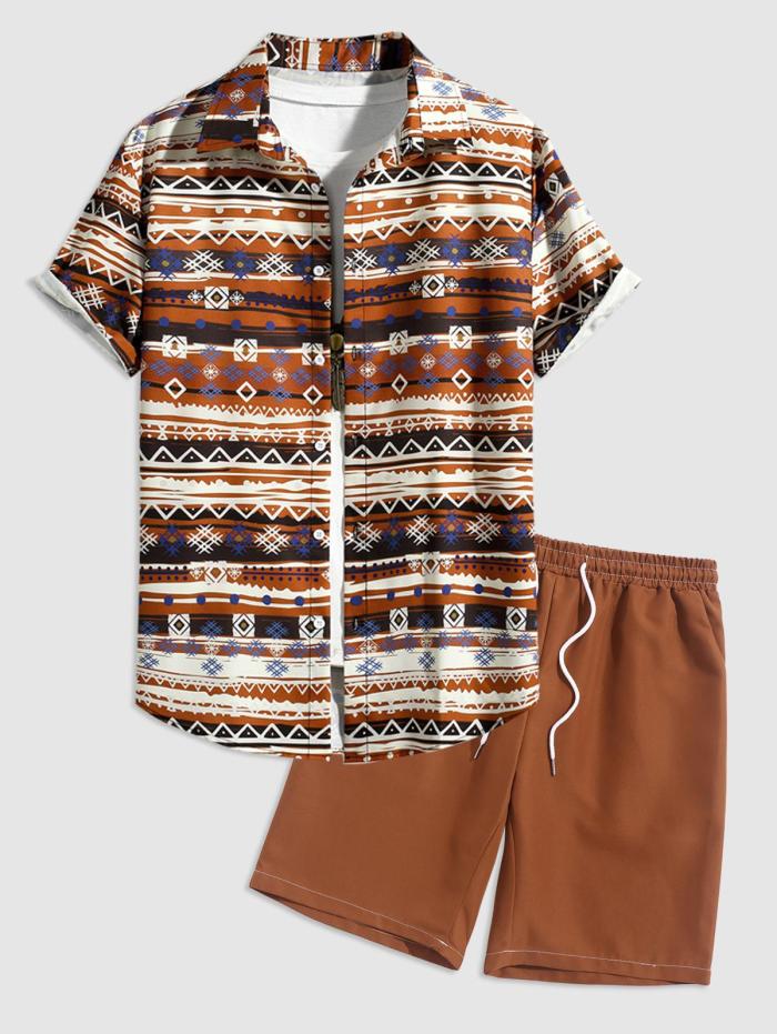 Ethnic Geometric Stripe Print Shirt And Shorts Set
