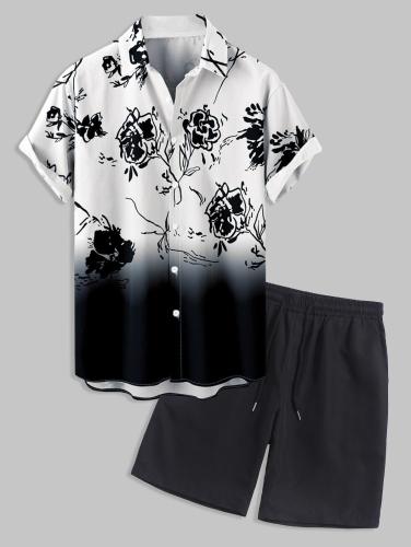 Ombre Rose Print Short Sleeves Shirt And Shorts Set