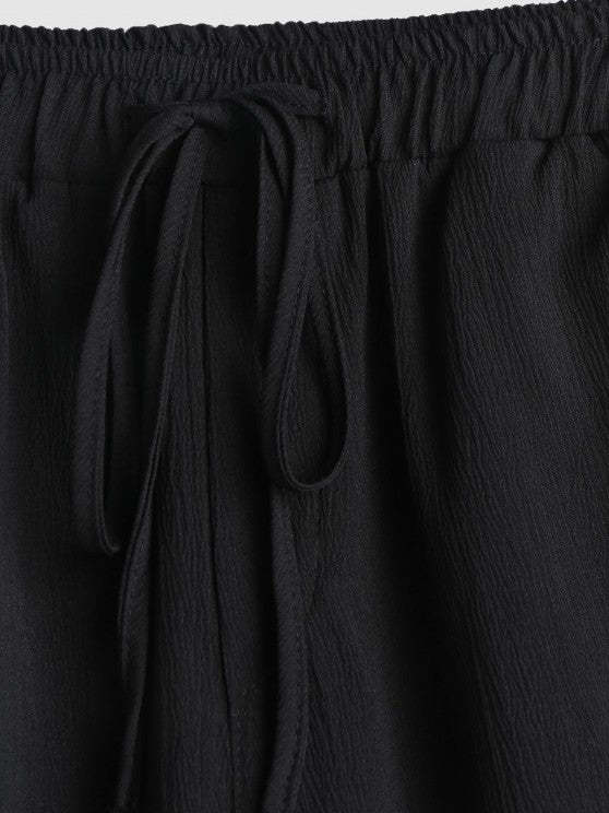 Printed  Short Sleeves Top And Drawstring Pockets Shorts Set