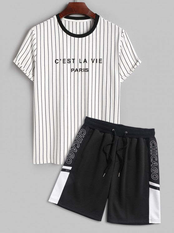 Vertical Striped Pattern Casual T Shirt And Shorts