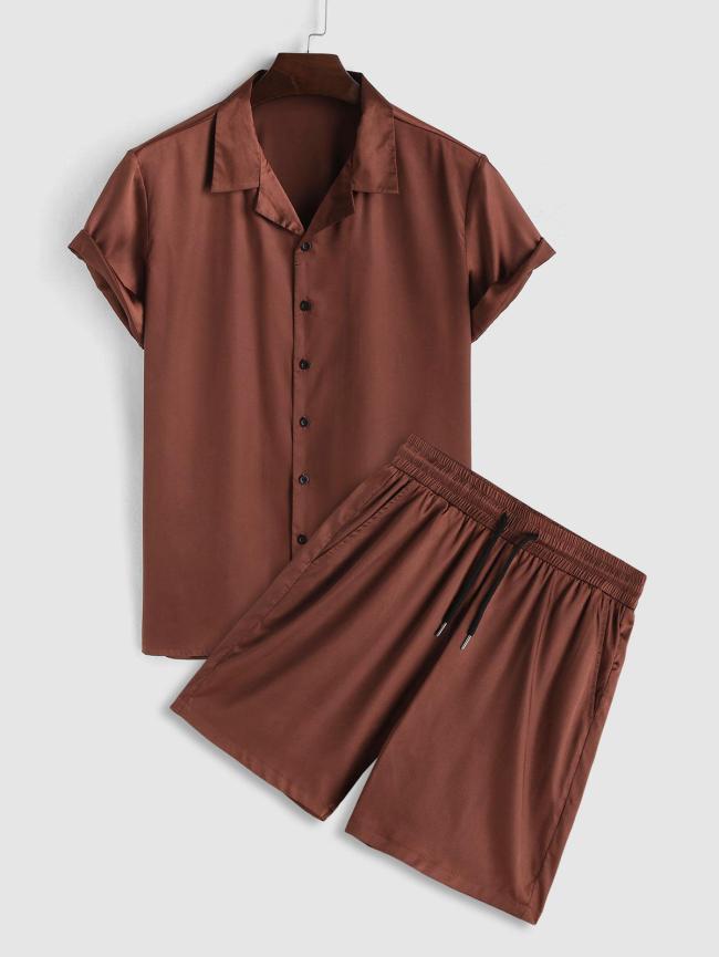 Solid Color Button Front Shirt And Shorts Set