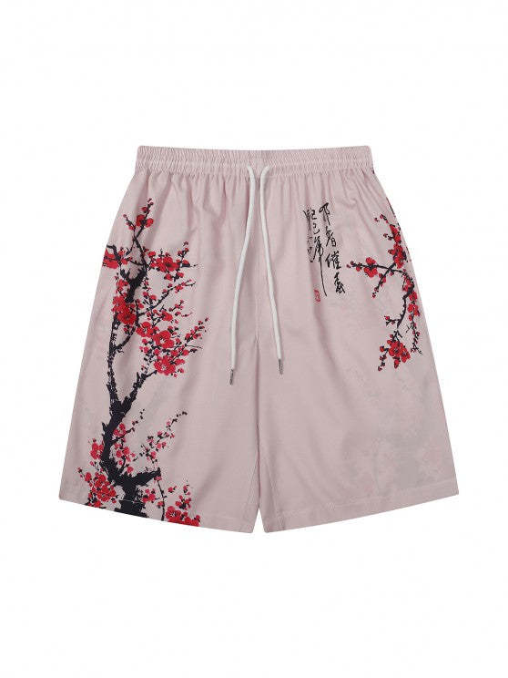 Plum Blossom Print Kimono And Casual Shorts Set