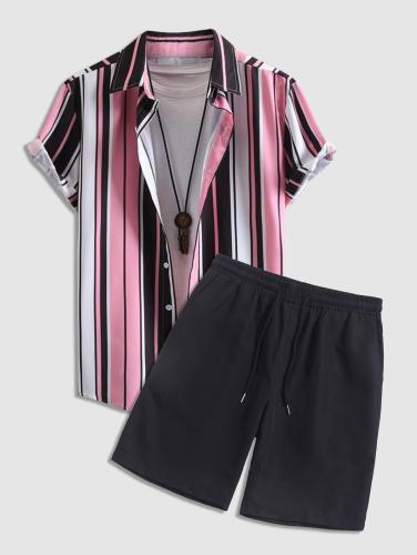 Vertical Stripes Short Sleeve Button Up Shirt And Shorts Set