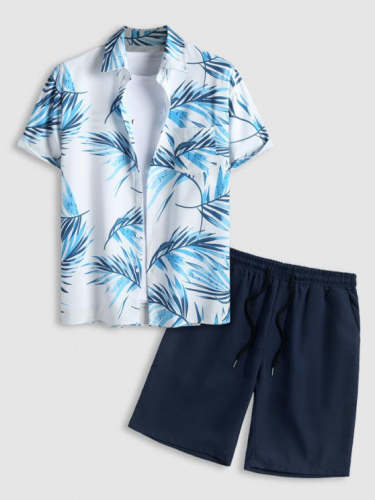 Leaf Printed Short Sleeves Shirt And Solid Color Casual Shorts Set