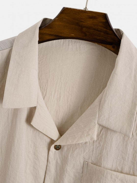 Pockets Notched Collar Short Sleeves Shirt And Drawstring Shorts Set