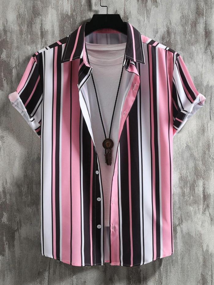 Vertical Stripes Short Sleeve Button Up Shirt And Shorts Set