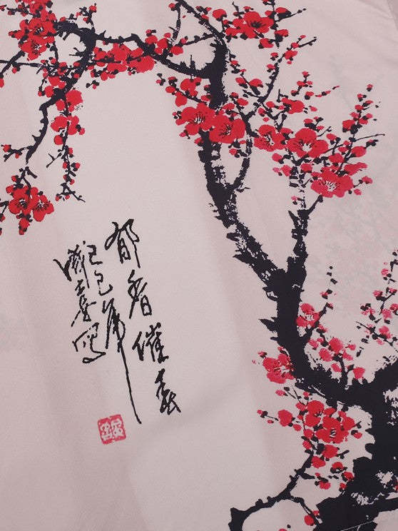 Plum Blossom Print Kimono And Casual Shorts Set
