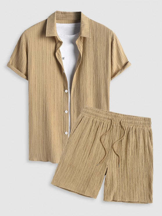 Button Front Crinkled Texture Shirt And Shorts