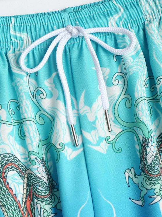 Cloud Pattern Kimono With Drawstring Board Shorts Set