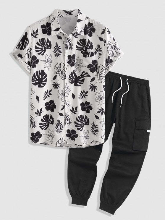 Leaf And Floral Tropical Print Shirt And Cargo Pants Set