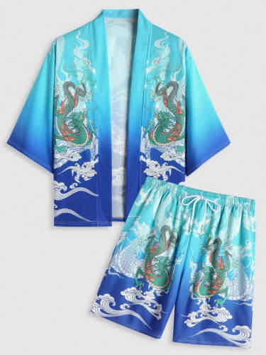 Cloud Pattern Kimono With Drawstring Board Shorts Set