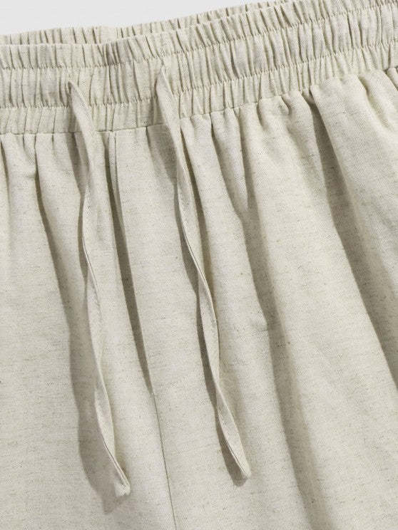 Front Pocket Short Sleeves Shirt And Linen Shorts Set